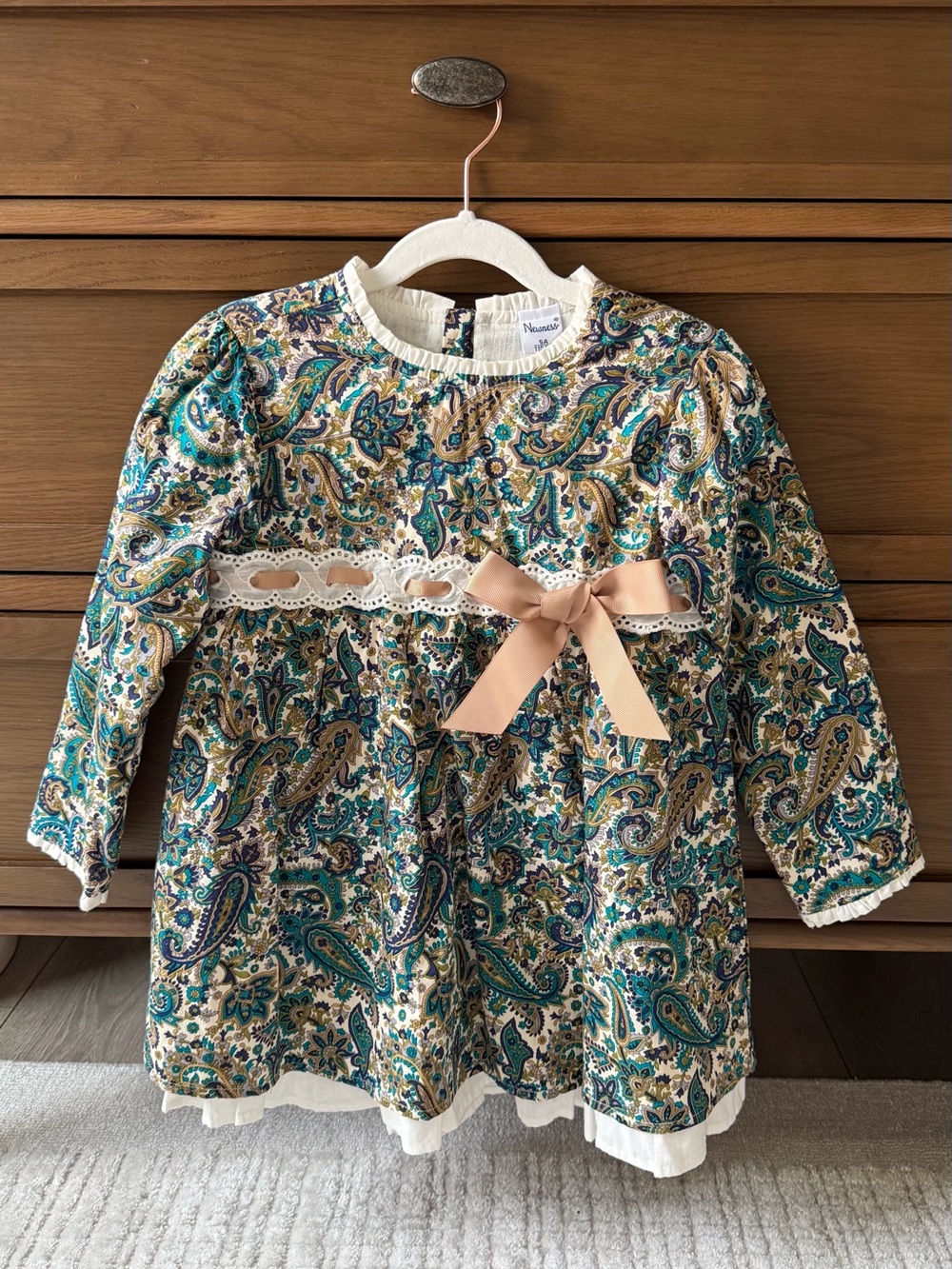 Paisley-Print Long-Sleeve Girls' Dress with Bow - Teal & Cream